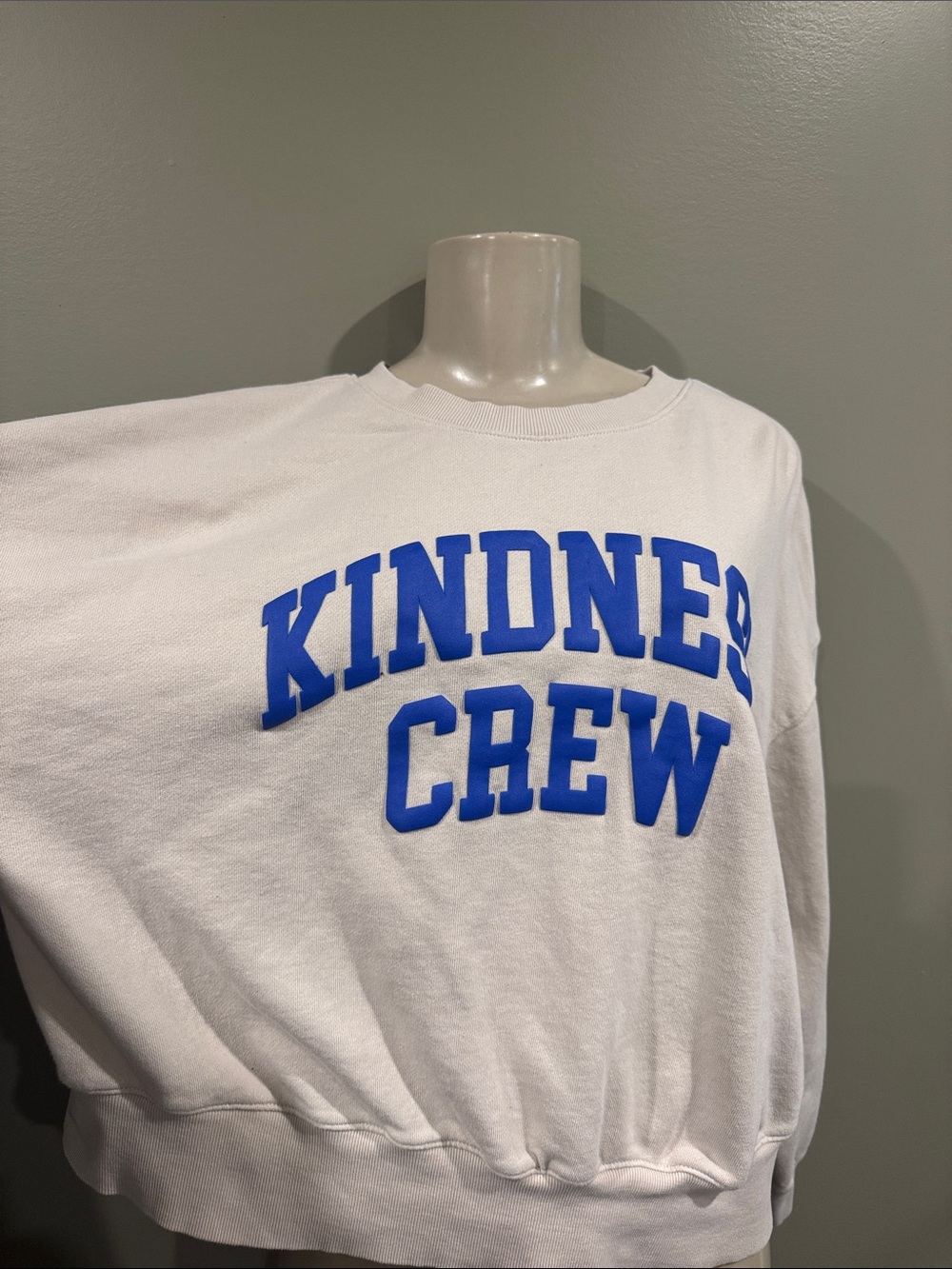 Old Navy White Crewneck Sweatshirt with Blue "KINDNESS CREW"